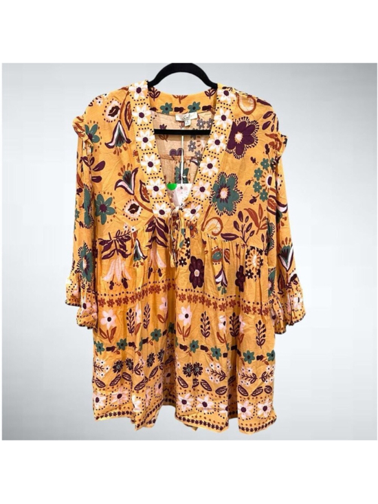 easel Tops - Easel Los Angeles Boho Mustard Yellow Multicolor Floral Babydoll Tunic Top Size